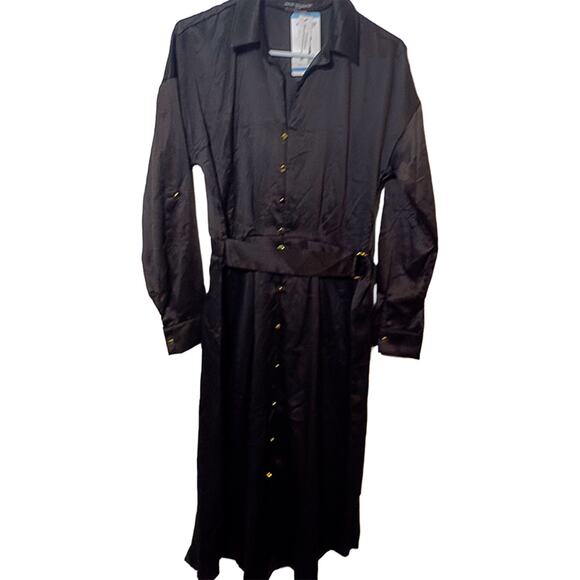 New French Connection Button Front Shirt Midi Dress Pockets Black Large NWT - Picture 5 of 7